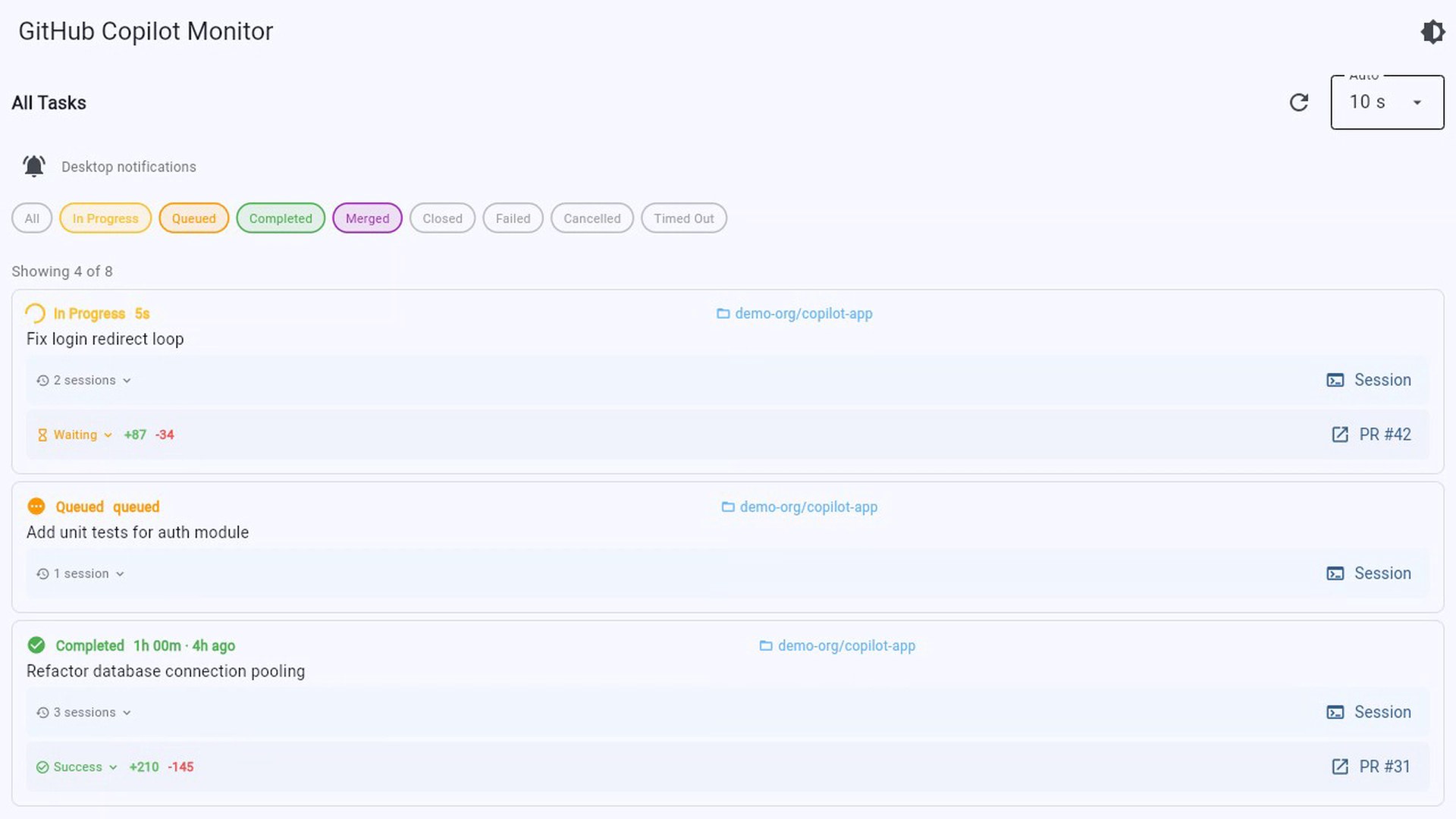 Co-Tower task dashboard showing the same task list in light theme