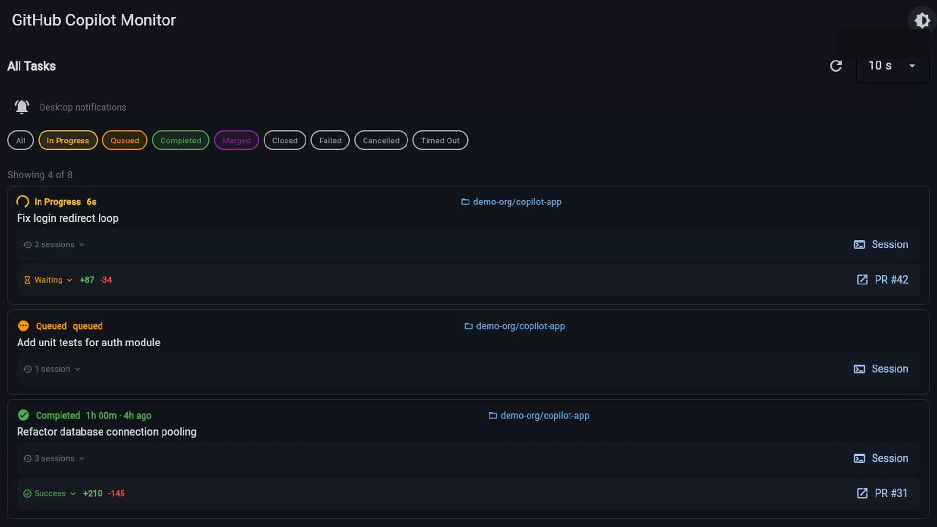 Co-Tower task dashboard showing In Progress, Queued, Completed, and Merged Copilot tasks across an organization in dark theme