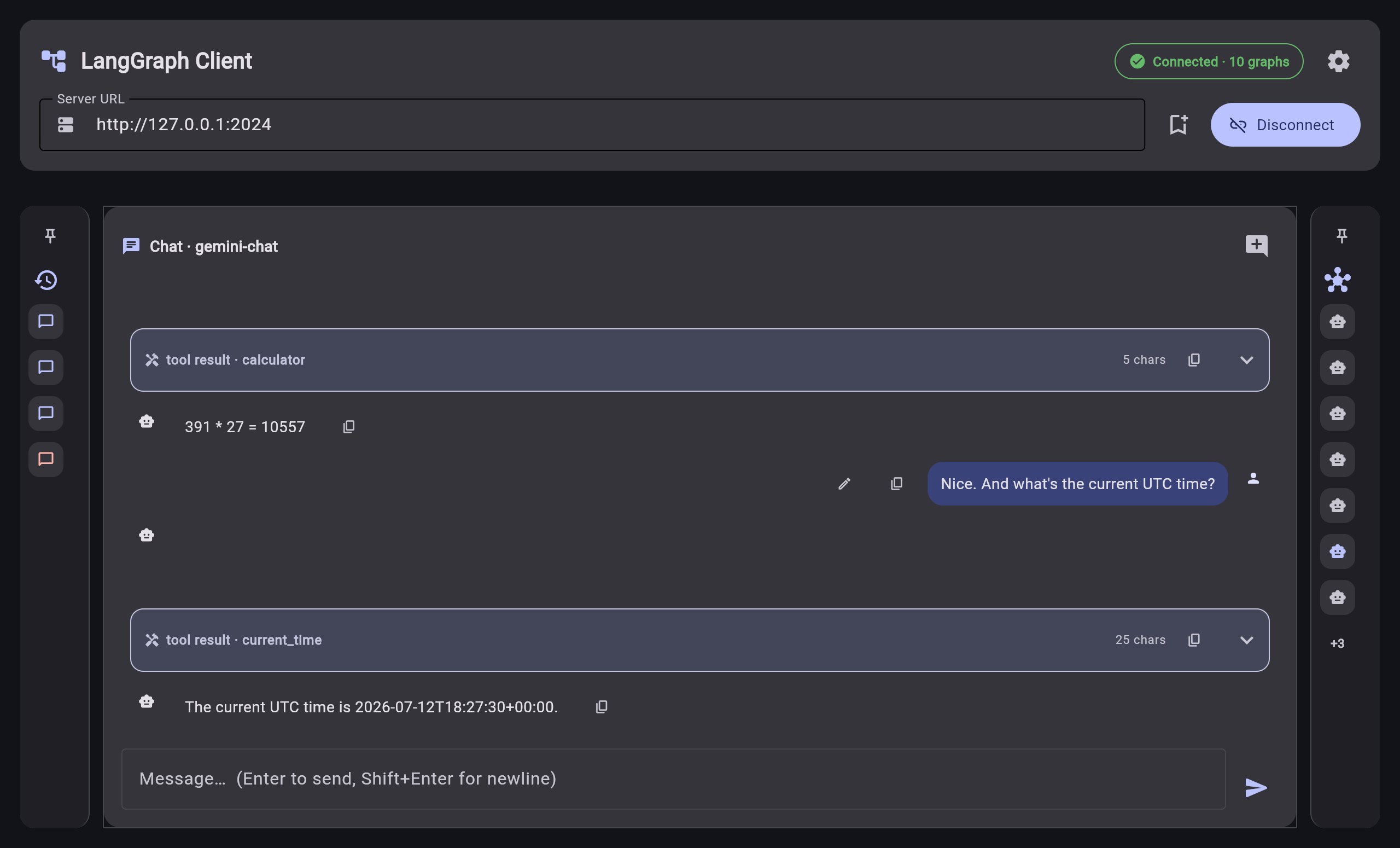 Graph-Agent-UI chatting with a Gemini-backed agent — tool results folded into collapsible cards
