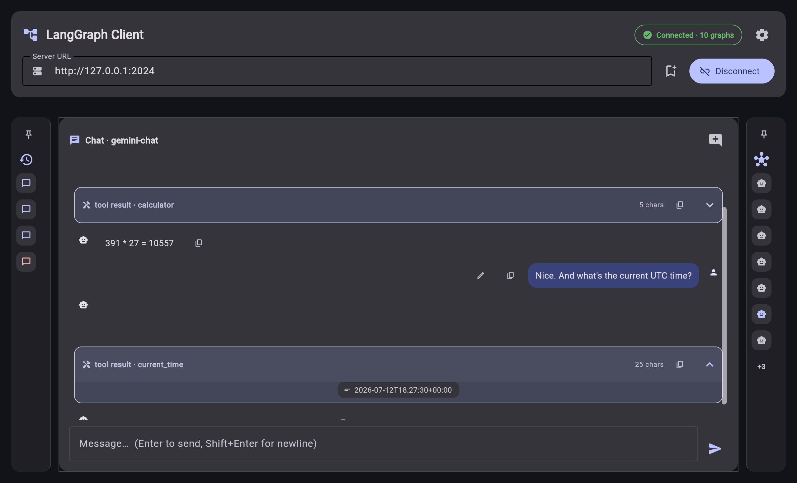 Graph-Agent-UI chatting with a live LangGraph agent, with an expanded tool-activity card showing the call and its result